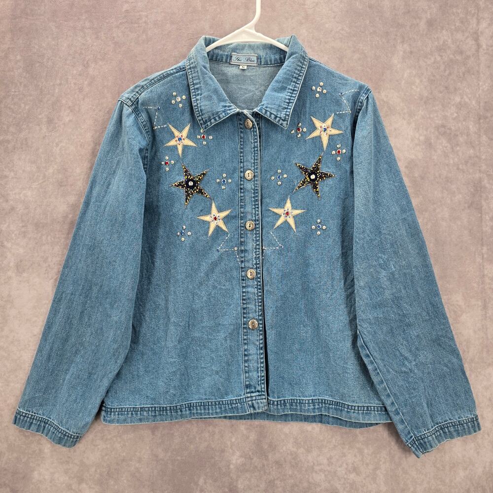 The Blue Stars Studded‎ Rhinestone Button Up VTG Y2K Cotton Shirt Top Medium M